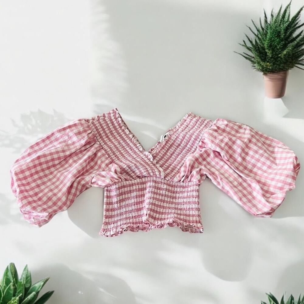 ABERCROMBIE & FITCH Gingham Smocked Puff Sleeve Boho Pink Size XXS 1849-9
